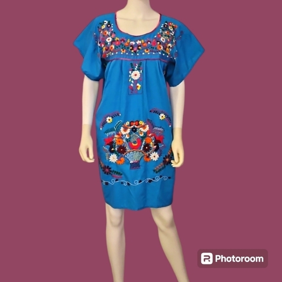 Traditional Mexican Floral Embroidered Fiesta Day of the Dead Dress XL - Picture 1 of 8